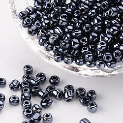 6/0 Glass Seed Beads, Opaque Colors Lustered, Round, Round Hole, Black, 6/0, 4mm, Hole: 1.5mm, about 500pcs/50g, 50g/bag, 18bags/2pounds(SEED-US0003-4mm-129)