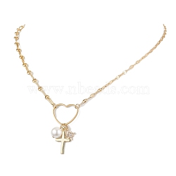 Brass with Stainless Steel Pendants Necklaces, Heart with Cross, Golden, 19.61 inch(49.8cm)(NJEW-JN04873)