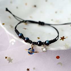 Ceramic Beads Braided Bead Bracelets for Women, with Alloy Charms, Planet & Star, Blue, 5-1/2~7-7/8 inch(14~20cm)(WG429D7-01)