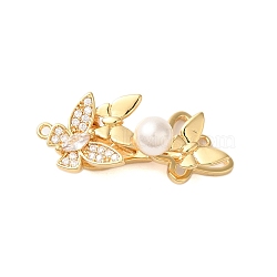 Brass Micro Pave Clear Cubic Zirconia Fold Over Clasps, with Imitation Pearl, Butterfly, Real 18K Gold Plated, 32mm, Hole: 1.2mm(KK-S382-17G)