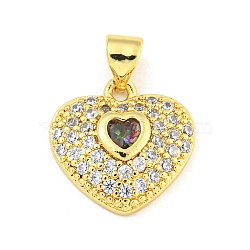 Heart Rack Plating Brass Micro Pave Cubic Zirconia Charms, with Glass, Cadmium Free & Lead Free, Real 18K Gold Plated, Colorful, 15x15x3.5mm, Hole: 4x3.2mm(KK-Z053-17G-06)