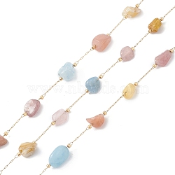 304 Stainless Steel Nuggets Natural Morganite Link Chains, Unwelded, with Spool, Golden, 2x0.7x0.2mm(CHS-P016-49G-03)