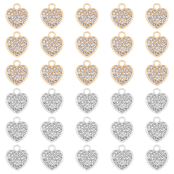 40Pcs 2 Colors Alloy Rhinestone Pendants, Heart Charm, Platinum & Light Gold, 17x15x3mm, Hole: 3mm, 2pcs/color