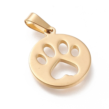 304 Stainless Steel Pendants, Laser Cut, Flat Round with Dog Footprint, Golden, 21x18x2mm, Hole: 7x3mm