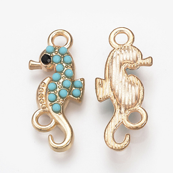Alloy Links connectors, with Rhinestone & Resin, Sea Horse, Colorful, Light Gold, 24.5x10x3.5mm, Hole: 2mm
