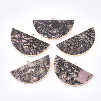 Electroplate Natural Rhodonite Semi Circle Pendants, with Iron Findings, Half Round, Golden, 34~35x60.5x4~5.5mm, Hole: 1.8mm