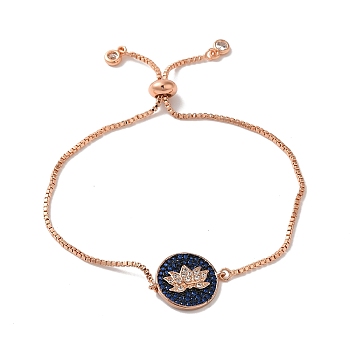 Rack Plating Brass Micro Pave Clear & Dark Blue Cubic Zirconia Box Chain Lotus Flower Link Slider Bracelets, Cadmium Free & Lead Free, Long-Lasting Plated, Rose Gold, 9-1/8 inch(23cm)