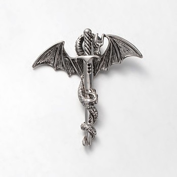 304 Stainless Steel Rhinestone Pendants, Sword with Dragon, Antique Silver, 45x42x8mm, Hole: 8x3mm