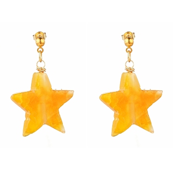Natural Agate Star Dangle Stud Earrings, with Iron Ball Stud Earring Findings and Brass Ear Nuts, Golden, Gold, 1-1/2 inch(38mm), Pin: 0.7mm