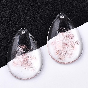Transparent Glass Pendants, with Natural Rose Quartz Chip Beads inside and Epoxy Resin Bottom, Teardrop, 30x20x8mm, Hole: 1.5mm