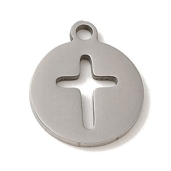 201 Stainless Steel Charms, Laser Cut, Flat Round with Cross Charm, Stainless Steel Color, 14x11.8x1mm, Hole: 1.6mm