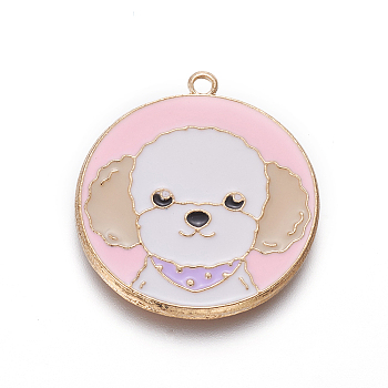 Zinc Alloy Enamel Puppy Pendants, Flat Round with Maltese Dog, Light Gold, Pink, 28x25x1.5mm, Hole: 1.8mm