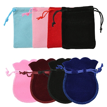 48Pcs 8 Colors Velvet Cloth Drawstring Bags, Jewelry Bags, Christmas Party Wedding Candy Gift Bags, Mixed Shapes, Mixed Color, 9x7x0.05cm, 6pcs/color