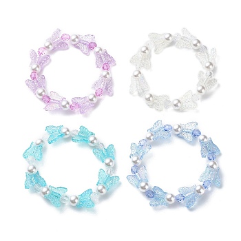 4Pcs 4 Color Acrylic Butterfly & Plastic Pearl Beaded Stretch Bracelets, Stackable Bracelets for Girls, Mixed Color, Inner Diameter: 1-7/8 inch(4.8cm), 1Pc/color