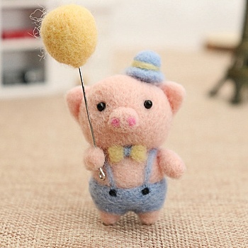 DIY Pendant Decoration Needle Felting Kit, with Iron Needles, Foam Chassis, Wool, Eye Pin, Craft Eye & Lobster Claw Clasp Strap, Pig with Cotton Candy, Mixed Color