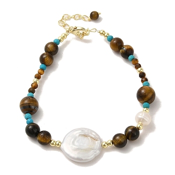 Natural Pearl & Tiger Eye & Synthetic Turquoise Beaded Bracelets, with Brass Clasps, Real 14K Gold Plated, 7 inch(17.7cm)