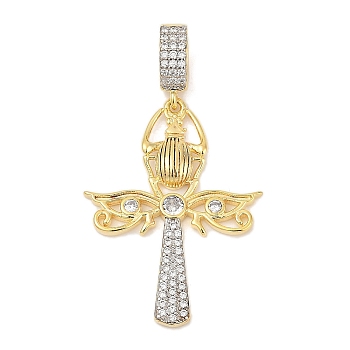 Brass Micro Pave Clear Cubic Zirconia Egyptian Ankh Cross Beetle European Dangle Charms, Large Hole Pendants, Rack Plating, Cadmium Free & Lead Free, Lasting Plated, Real 18K Gold Plated, 43.5mm, Hole: 7x5mm