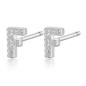 Rhodium Plated 925 Sterling Silver Initial Letter Stud Earrings, with Cubic Zirconia, Platinum, Letter F, 5x5mm