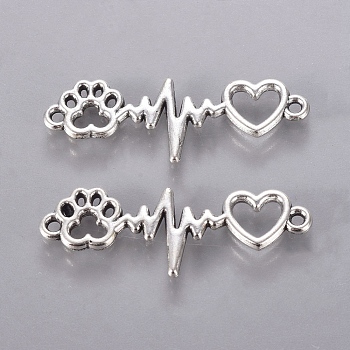 Tibetan Style Alloy Links connectors, Dog Paw Prints and Heartbeat, Antique Silver, 12x34x2mm, Hole: 1.5mm