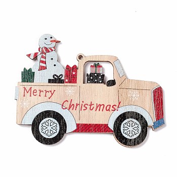 Christmas Spray Painted Wood Big Pendants, Car with Snowman, Colorful, 79.5x107x2.5mm, Hole: 3mm