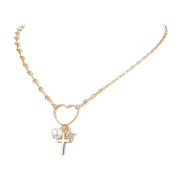 Brass with Stainless Steel Pendants Necklaces, Heart with Cross, Golden, 19.61 inch(49.8cm)