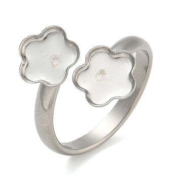 304 Stainless Steel Cuff Rings Components, Pad Ring Setting, Flower, Stainless Steel Color, Inner Diameter: 18mm, Tray: 7x8mm