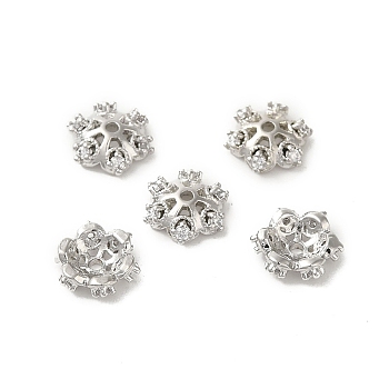 Rack Plating Brass Beads Caps, with Cubic Zirconia, Long-Lasting Plated, Lead Free & Cadmium Free, Flower, Platinum, 6x6x2mm, Hole: 1mm