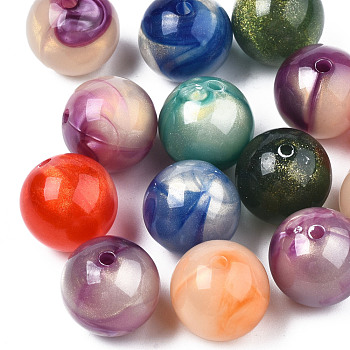 Opaque Acrylic Beads, Two Tone Color, with Glitter Powder, Round, Mixed Color, 15.5x15mm, Hole: 2mm