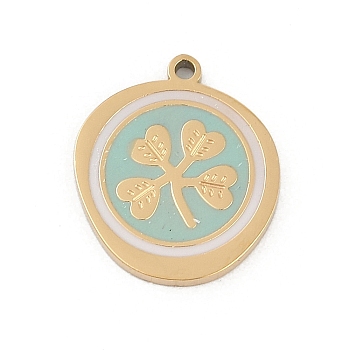 304 Stainless Steel Enamel Pendants, Flat Round with Clover Charm, Ion Plating(IP), Real 18K Gold Plated, 16x14x1.5mm, Hole: 1.2mm