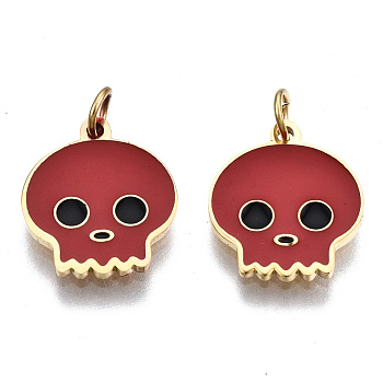 316 Surgical Stainless Steel Enamel Charms, with Jump Rings, Skull, Real 14K Gold Plated, 11x9.5x1mm, Jump Ring: 3.4x0.5mm, 2.4mm inner diameter