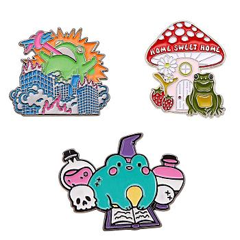 3 Pcs Enamel Lapel Pin Sets Cute Frog Mushroom Monster Enamel Pins Electrophoresis Black Alloy Brooches for Clothes Bags Backpacks Party Decoration Christmas Gift, Mixed Color, 38.1x31.5mm, 1Pc/style