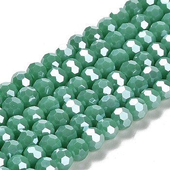 Electroplate Opaque Glass Beads Strands, Faceted(32 Facets), Pearl Luster Plated, Round, Medium Sea Green, 6mm, Hole: 1mm, about 98~100pcs/strand, 20.39~20.59 inch(51.8~52.3cm)