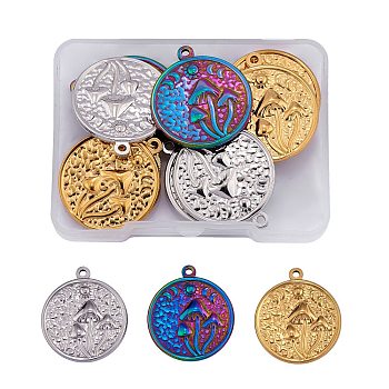 15Pcs 3 Colors 304 Stainless Steel Pendants, Flat Round with Mushroom Charm, Mixed Color, 29x25x3mm, Hole: 1.8mm, 5pcs/color