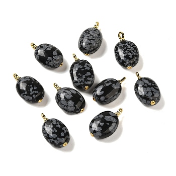 Natural Snowflake Obsidian Pendants, Oval Charms with Rack Plating Brass Loops, Long-Lasting Plated, Real 18K Gold Plated, 27~28x15~15.5x10~10.5mm, Hole: 3mm