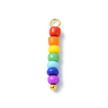 7 Color Chakra Coloful Glass Seed Beaded Pendants, with Brass Loops, Golden, 20~21x3mm, Hole: 1.8mm