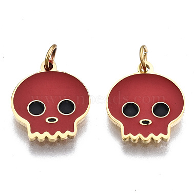 Real 14K Gold Plated FireBrick Skull Stainless Steel+Enamel Charms