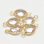 Oval Faceted Golden Brass Glass Links connectors, Clear, 15x7x3.2mm, Hole: 1mm(GLAA-O014-02G)