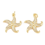 Brass Micro Pave Cubic Zirconia Pendants, Starfish Charms, Long-Lasting Plated, Rack Plating, Lead Free & Cadmium Free, with Jump Ring, Real 18K Gold Plated, Clear, 21x19x2.5mm, Jump Ring: 5x1mm, Inner Diameter: 3mm(KK-C162-057G-01)