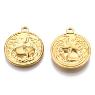 201 Stainless Steel Pendants, Flat Round with Fox Charm, Real 18K Gold Plated, 23.5x20.5x3mm, Hole: 2mm(STAS-N098-142LG)
