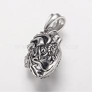 304 Stainless Steel Locket Pendants, Cage Pendants, with Magnetic, Heart, Antique Silver, 35x23x16mm, Hole: 7.5x13mm, inner diameter: 14.5x24.5mm(STAS-P137-19AS)