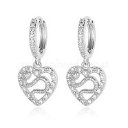 Brass Micro Pave Clear Cubic Zirconia Hoop Earrings, Hollow Heart with Snake Dangle Earrings for Women, Platinum, 28x12mm(EJEW-OY001-12P)
