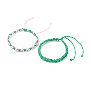 2Pcs 2 Colors Peach Blossom Braided Cord Bracelet, Friendship Lucky Adjustable Bracelet for Women, Spring Green, Inner Diameter: 2-1/4 inch(5.6cm)~4-1/4 inch(10.9cm)(BJEW-JB07610-04)