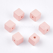 Painted Natural Wood Beads, Cube, Pink, 10x10x10mm, Hole: 2mm(WOOD-T021-07H)