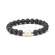 Natural Pearl & Lava Rock Beaded Stretch Bracelet, Essential Oil Gemstone Jewelry for Women, Black, Inner Diameter: 2-1/8 inch(5.4cm)(BJEW-JB07760)