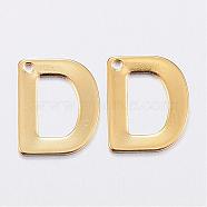 304 Stainless Steel Charms, Letter, Initial Charms, Real 18k Gold Plated, Letter.D, 11x6~12x0.8mm, Hole: 1mm(STAS-P141-D)