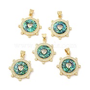 Rack Plating Brass Micro Pave Cubic Zirconia with Synthetic Opal Pendants, with Jump Ring, Lead Free & Cadmium Free, Long-Lasting Plated, Flat Round with Heart, Real 18K Gold Plated, 25x22x3.1mm, Hole: 5x3mm(KK-D088-35G)
