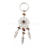 Natural Tiger Eye Keychain, with Iron, 304 Stainless Steel & Alloy Findings, Woven Net/Web with Feather, 11.4~11.8cm(KEYC-JKC00346-07)