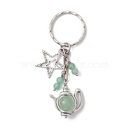 Star & Teapot Matural Green Aventurine Keychain, with Tibetan Style Pendant and Iron Split Key Rings, Platinum, 75mm(HJEW-JM02038)