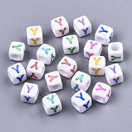 Opaque White Acrylic Beads, with Enamel, Horizontal Hole, Cube with Mixed Color Letter, Letter.Y, 6x6x6mm, Hole: 3mm, about 2900pcs/500g(SACR-R252-02Y)