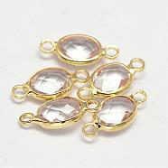 Oval Faceted Golden Brass Glass Links connectors, Clear, 15x7x3.2mm, Hole: 1mm(GLAA-O014-02G)